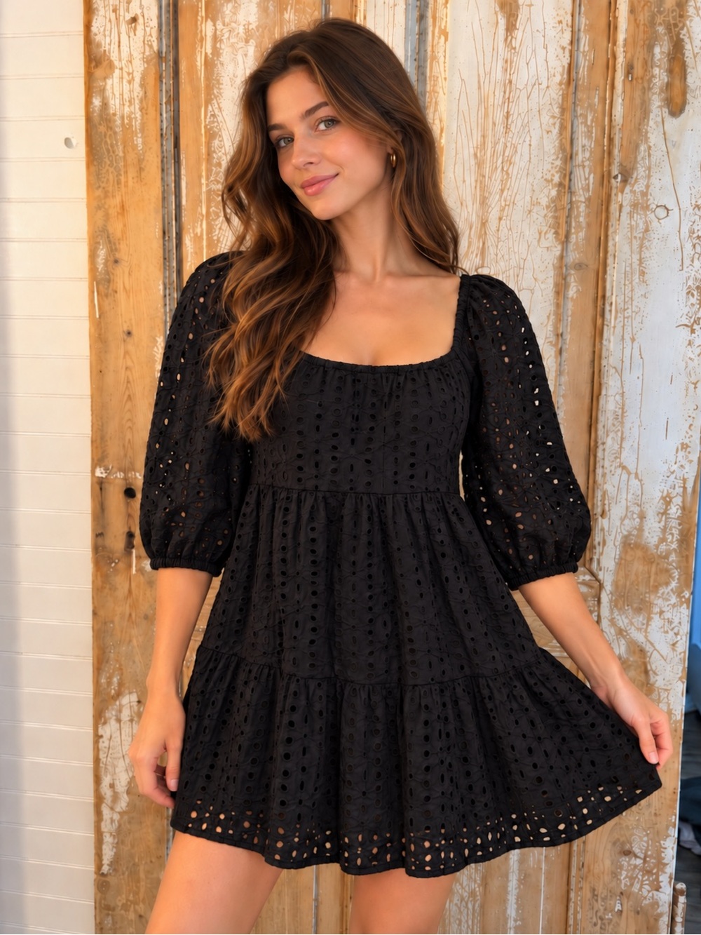 Sanctuary Black Eyelet Square-Neck Puff-Sleeve Mini Dress